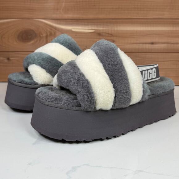 UGG Disco Stripe Slide Platform Sandals Gray White Fur Women Size 12 - Picture 1 of 12